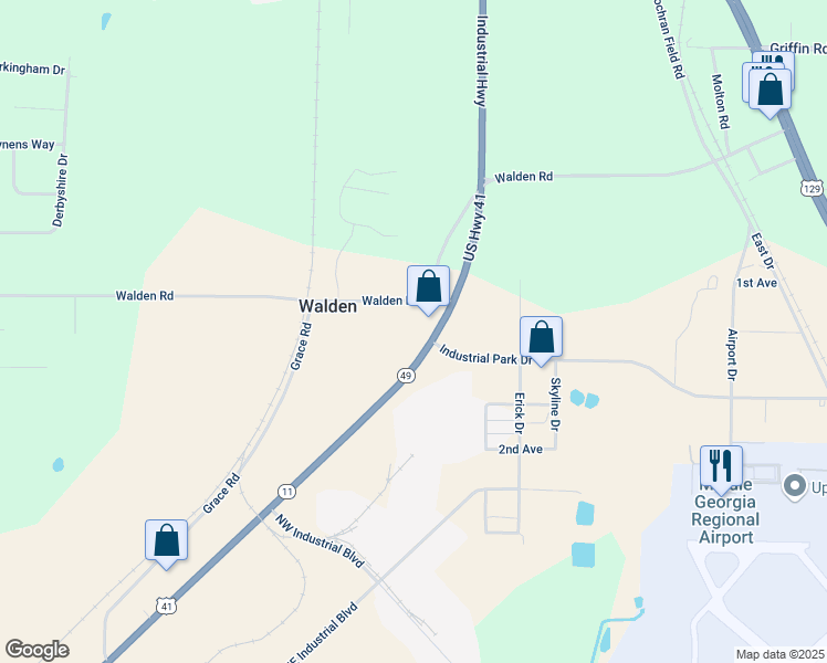 map of restaurants, bars, coffee shops, grocery stores, and more near 7395 Industrial Highway in Macon