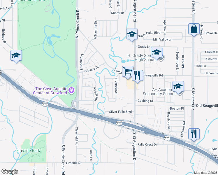 map of restaurants, bars, coffee shops, grocery stores, and more near 345 Beautycrest Drive in Dallas