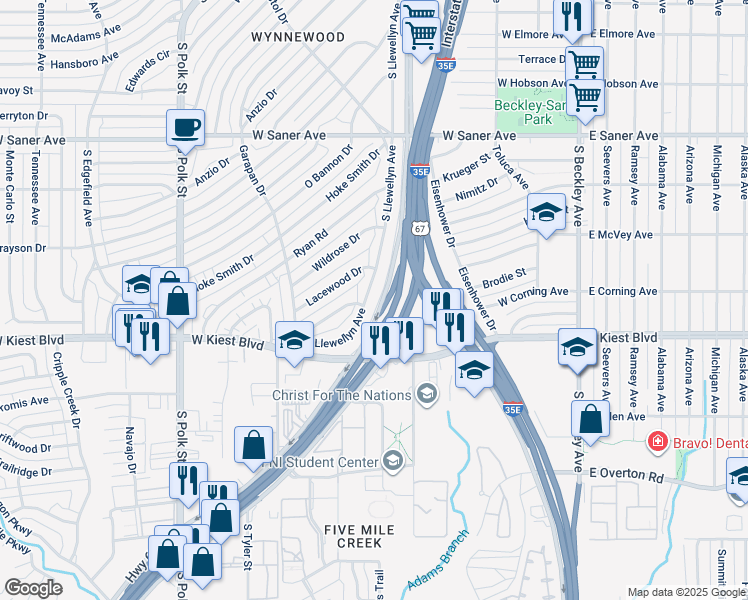 map of restaurants, bars, coffee shops, grocery stores, and more near 3127 South Llewellyn Avenue in Dallas