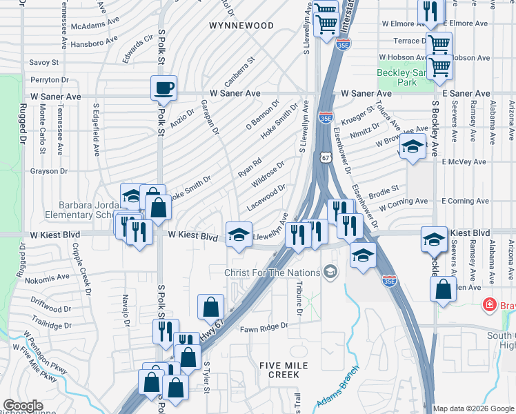 map of restaurants, bars, coffee shops, grocery stores, and more near 615 Lacewood Drive in Dallas