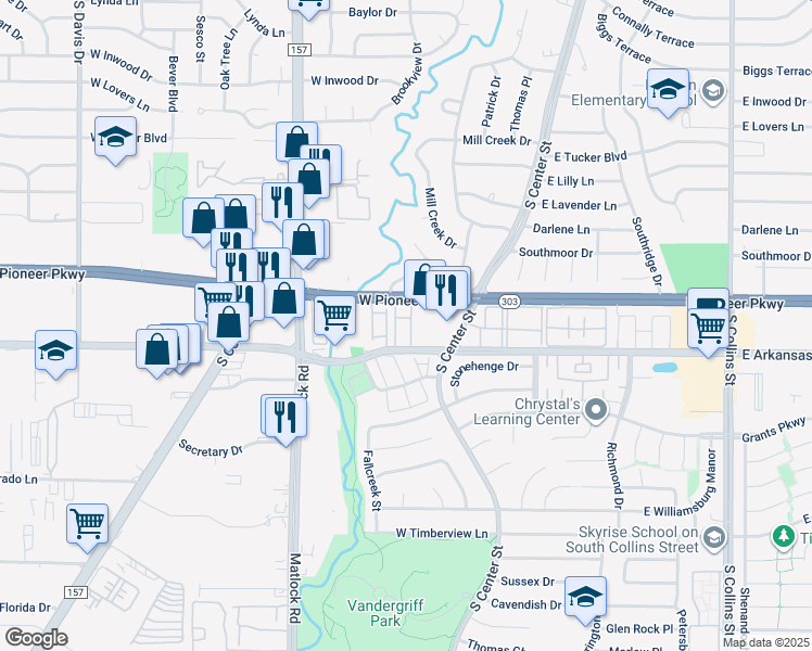 map of restaurants, bars, coffee shops, grocery stores, and more near 124 West Pioneer Parkway in Arlington