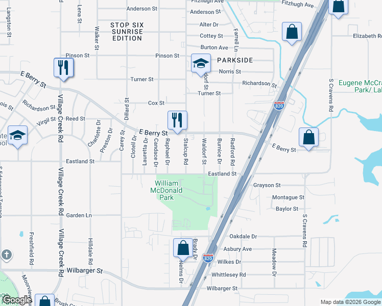 map of restaurants, bars, coffee shops, grocery stores, and more near 3829 Stalcup Road in Fort Worth