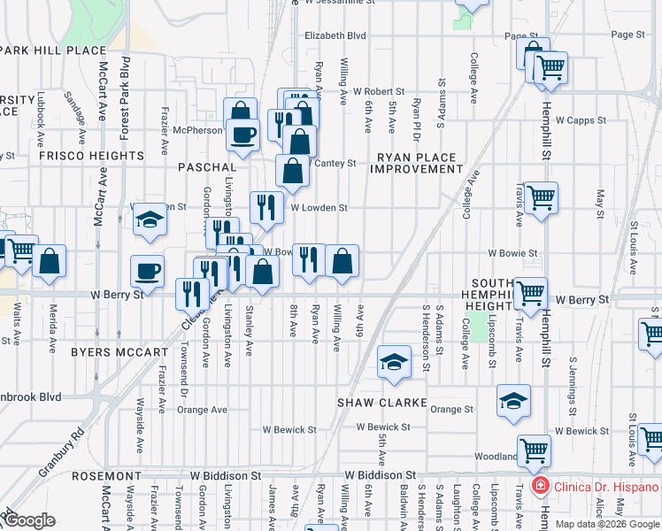 map of restaurants, bars, coffee shops, grocery stores, and more near 3005 Ryan Avenue in Fort Worth