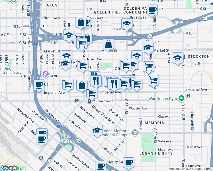 map of restaurants, bars, coffee shops, grocery stores, and more near 2661 L Street in San Diego