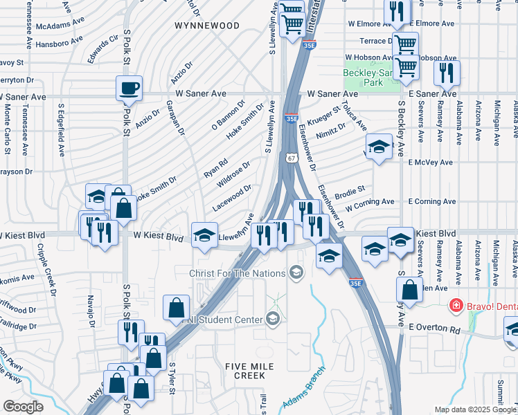 map of restaurants, bars, coffee shops, grocery stores, and more near 3127 South Llewellyn Avenue in Dallas
