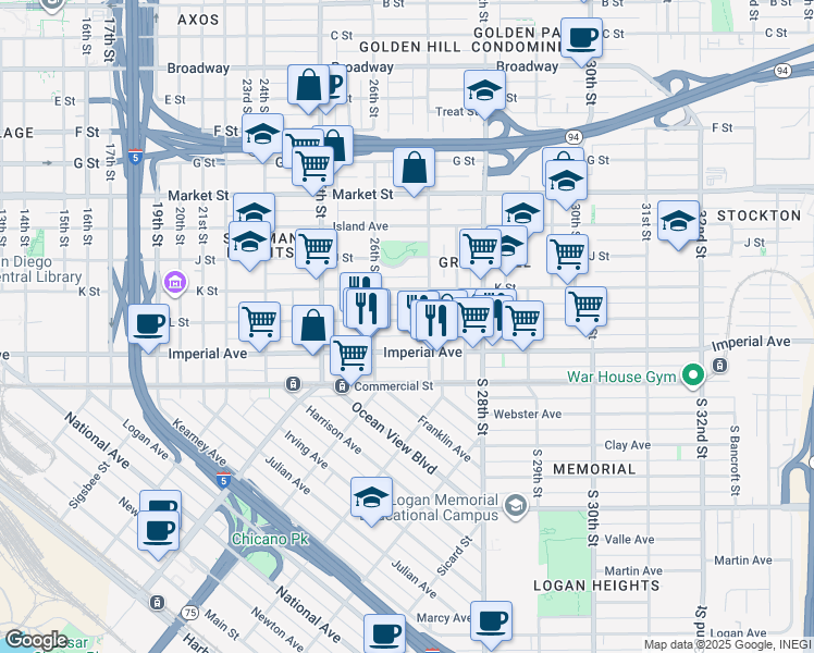 map of restaurants, bars, coffee shops, grocery stores, and more near 2661 L Street in San Diego