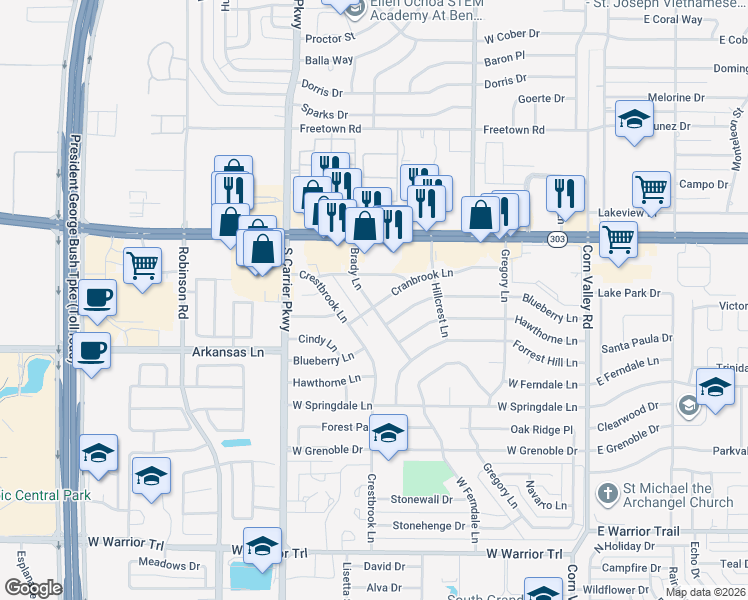 map of restaurants, bars, coffee shops, grocery stores, and more near 534 Cranbrook Lane in Grand Prairie