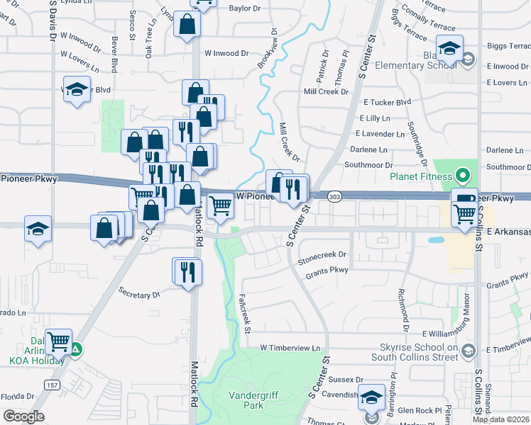 map of restaurants, bars, coffee shops, grocery stores, and more near 124 West Pioneer Parkway in Arlington