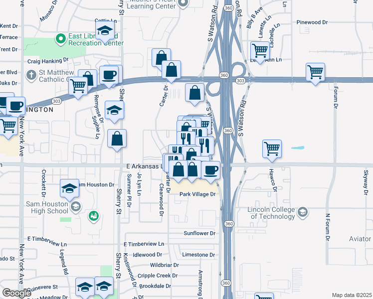 map of restaurants, bars, coffee shops, grocery stores, and more near 2505 East Arkansas Lane in Arlington