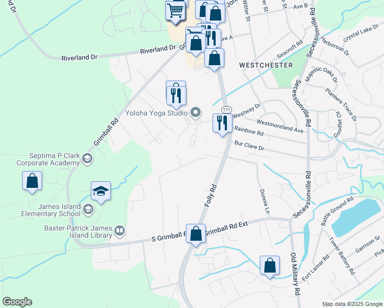 map of restaurants, bars, coffee shops, grocery stores, and more near 1505 Scott Hill Road in Charleston
