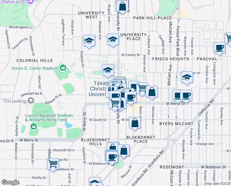 map of restaurants, bars, coffee shops, grocery stores, and more near 2800 South University Drive in Fort Worth