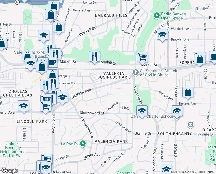 map of restaurants, bars, coffee shops, grocery stores, and more near 5479 Imperial Avenue in San Diego