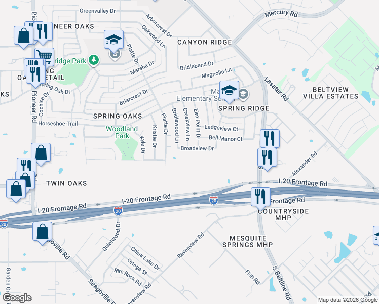 map of restaurants, bars, coffee shops, grocery stores, and more near 14718 Broadview Drive in Balch Springs
