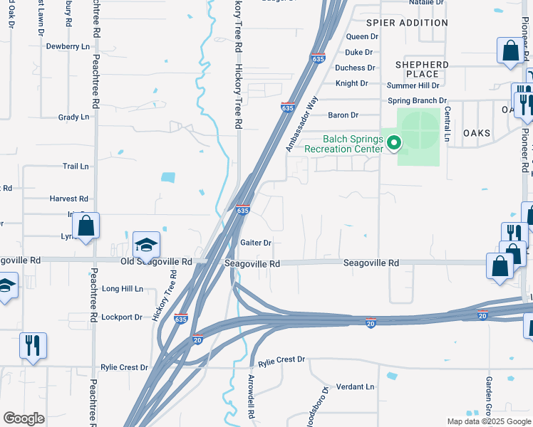 map of restaurants, bars, coffee shops, grocery stores, and more near 4702 Ambassador Way in Balch Springs