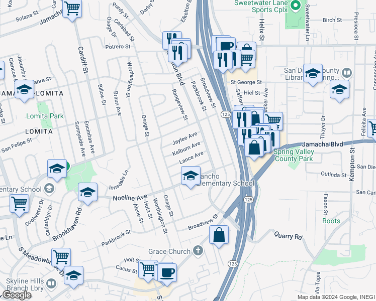 map of restaurants, bars, coffee shops, grocery stores, and more near 8859 Kelburn Avenue in Spring Valley
