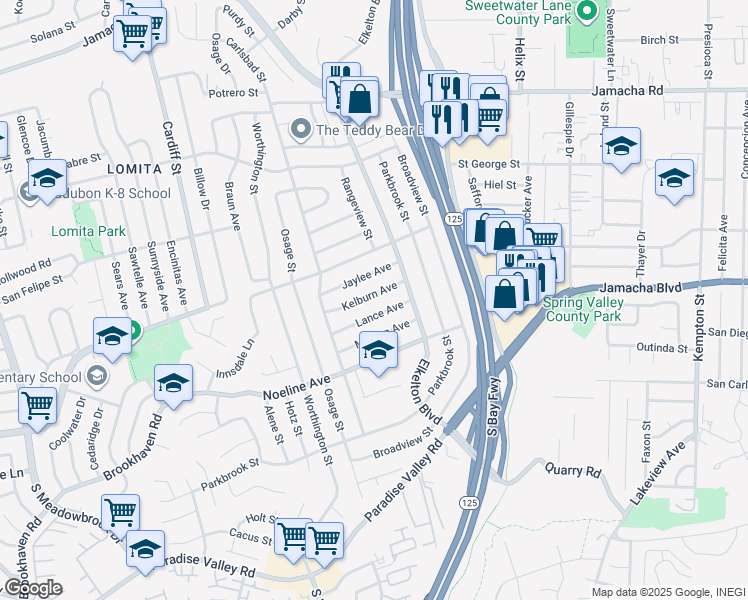 map of restaurants, bars, coffee shops, grocery stores, and more near 8859 Kelburn Avenue in Spring Valley