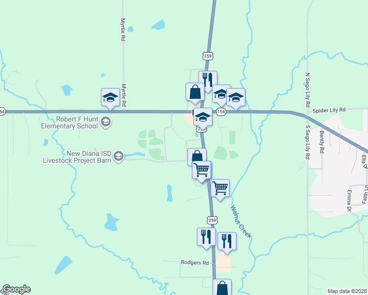 map of restaurants, bars, coffee shops, grocery stores, and more near 1615 Handy Road in Diana