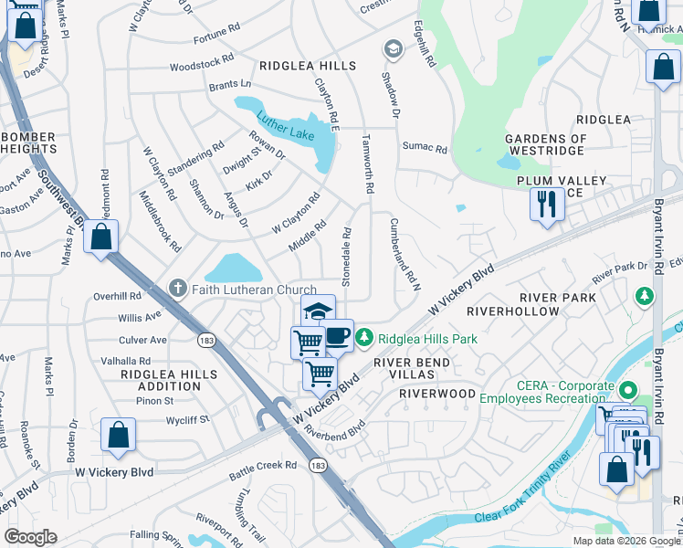 map of restaurants, bars, coffee shops, grocery stores, and more near 6800 Chickering Road in Fort Worth