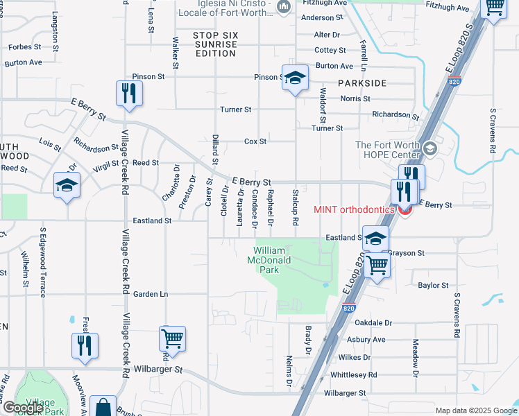 map of restaurants, bars, coffee shops, grocery stores, and more near 3724 Candace Drive in Fort Worth