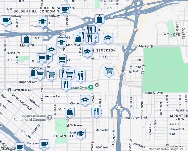 map of restaurants, bars, coffee shops, grocery stores, and more near 3209 L Street in San Diego