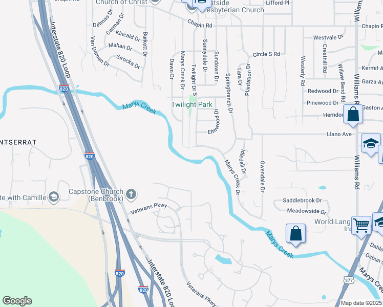 map of restaurants, bars, coffee shops, grocery stores, and more near 4420 Marys Creek Drive in Benbrook