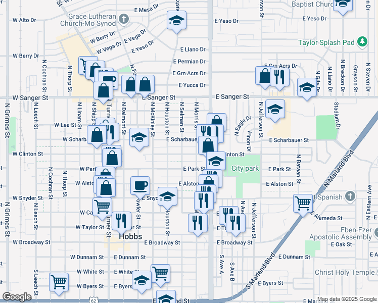 map of restaurants, bars, coffee shops, grocery stores, and more near 606 East Clinton Street in Hobbs