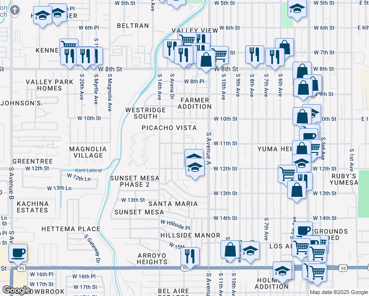 map of restaurants, bars, coffee shops, grocery stores, and more near 1301-1349 W 11th St in Yuma