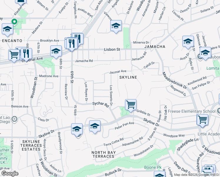 map of restaurants, bars, coffee shops, grocery stores, and more near 321 Los Soneto Drive in San Diego