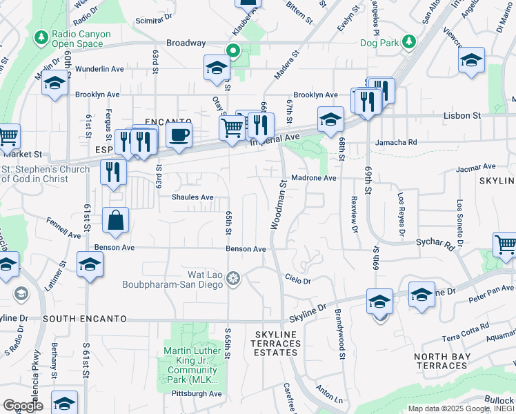 map of restaurants, bars, coffee shops, grocery stores, and more near Santa Isabel Drive in San Diego