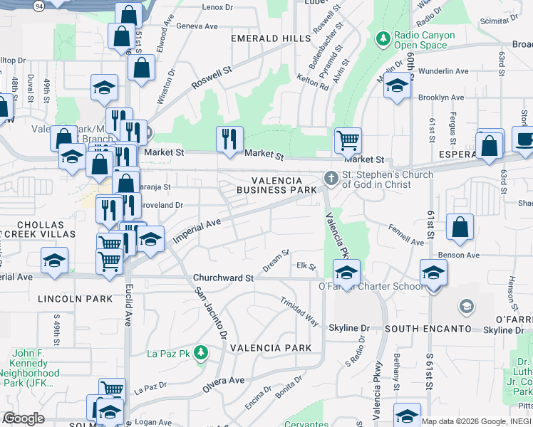 map of restaurants, bars, coffee shops, grocery stores, and more near 265 55th Street in San Diego