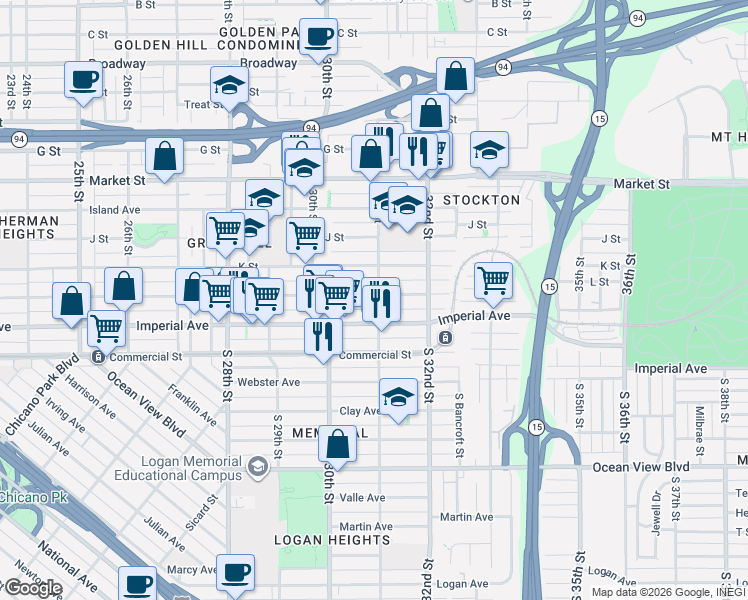 map of restaurants, bars, coffee shops, grocery stores, and more near 3095 L Street in San Diego