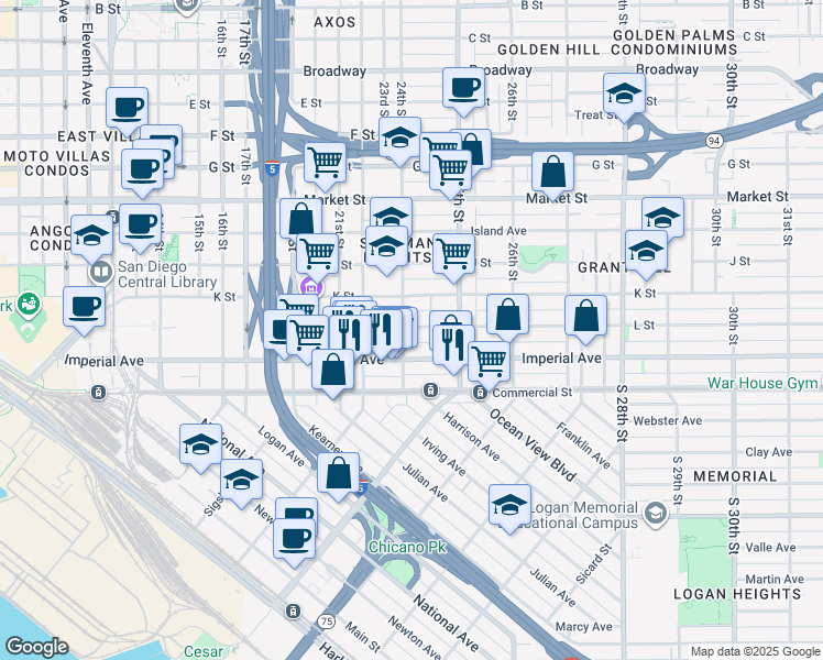 map of restaurants, bars, coffee shops, grocery stores, and more near 2276 L Street in San Diego