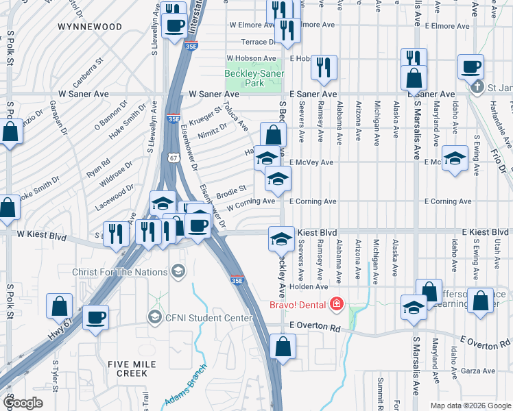 map of restaurants, bars, coffee shops, grocery stores, and more near 202 West Corning Avenue in Dallas