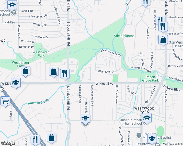 map of restaurants, bars, coffee shops, grocery stores, and more near 4123 Elice Court in Dallas