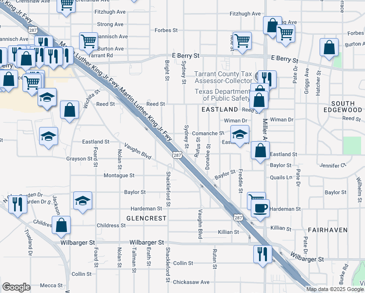 map of restaurants, bars, coffee shops, grocery stores, and more near 3651 Martin Luther King Junior Freeway in Fort Worth