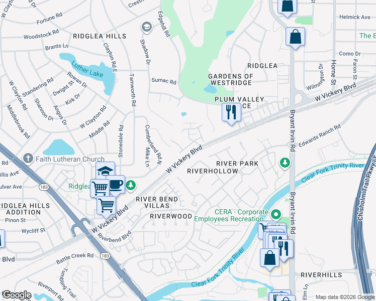 map of restaurants, bars, coffee shops, grocery stores, and more near 6413 Chauncery Place in Fort Worth