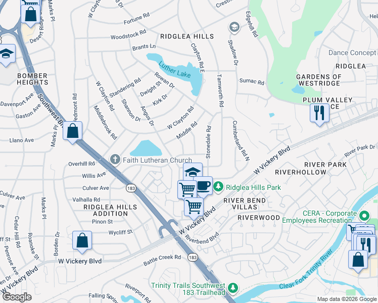 map of restaurants, bars, coffee shops, grocery stores, and more near 6816 Chickering Road in Fort Worth