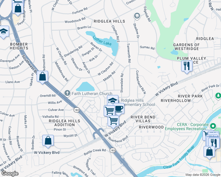 map of restaurants, bars, coffee shops, grocery stores, and more near 6816 Chickering Road in Fort Worth