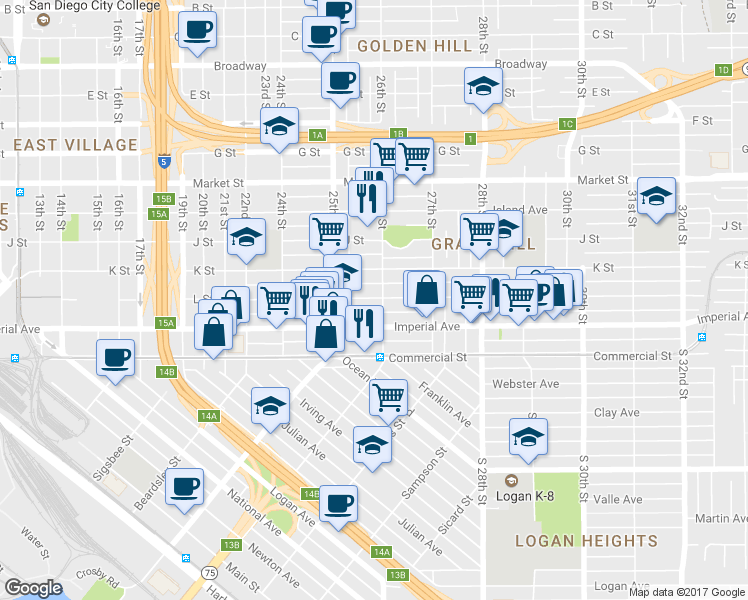 map of restaurants, bars, coffee shops, grocery stores, and more near 2569 L Street in San Diego