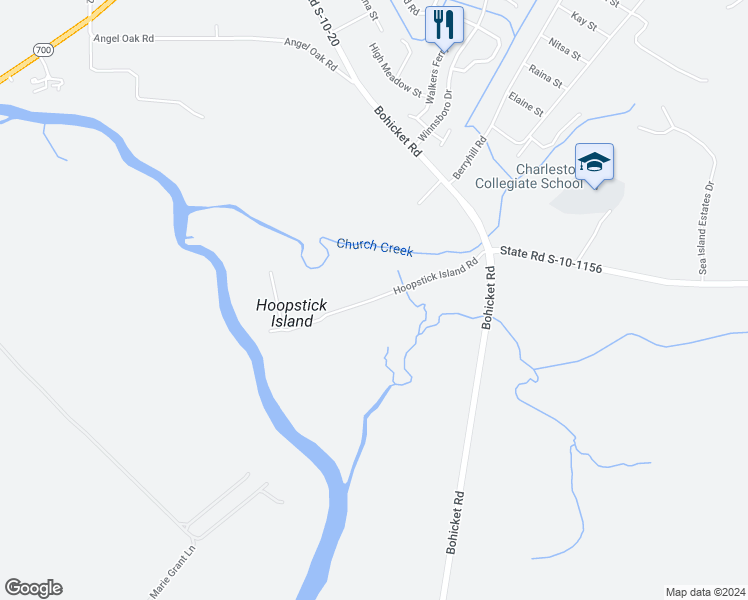 map of restaurants, bars, coffee shops, grocery stores, and more near Hoopstick Island Road in Johns Island