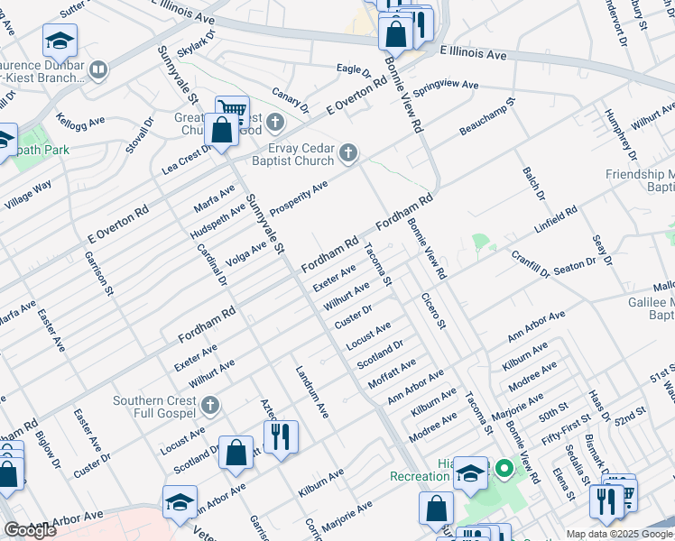 map of restaurants, bars, coffee shops, grocery stores, and more near 2755 Exeter Avenue in Dallas