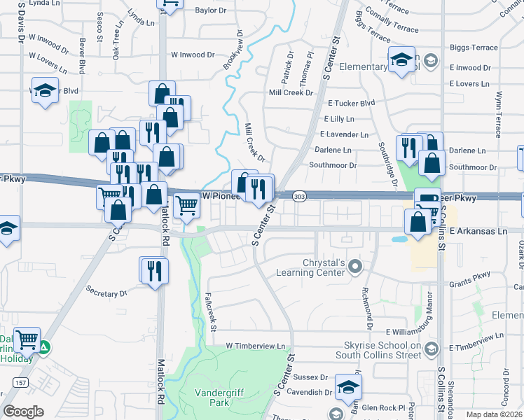 map of restaurants, bars, coffee shops, grocery stores, and more near 100 West Pioneer Parkway in Arlington