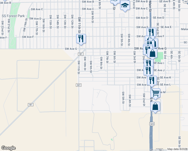 map of restaurants, bars, coffee shops, grocery stores, and more near 709 Southwest Avenue J in Seminole