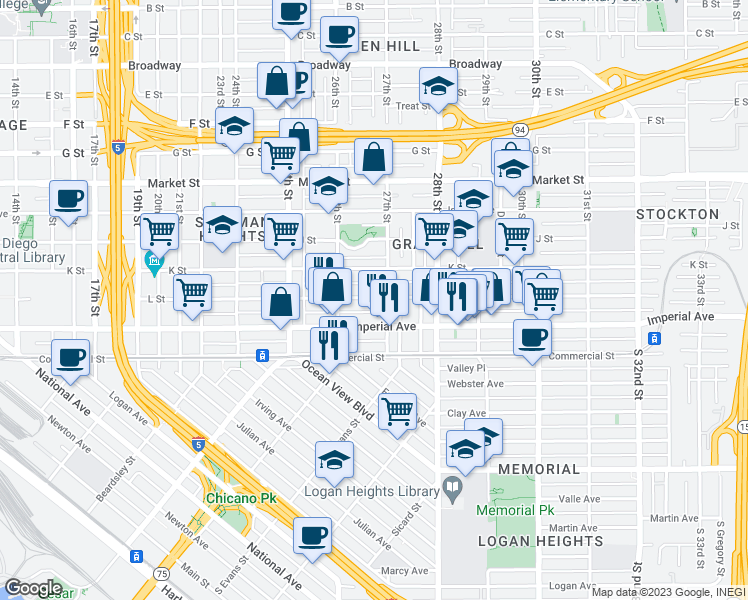 map of restaurants, bars, coffee shops, grocery stores, and more near 2671 L Street in San Diego