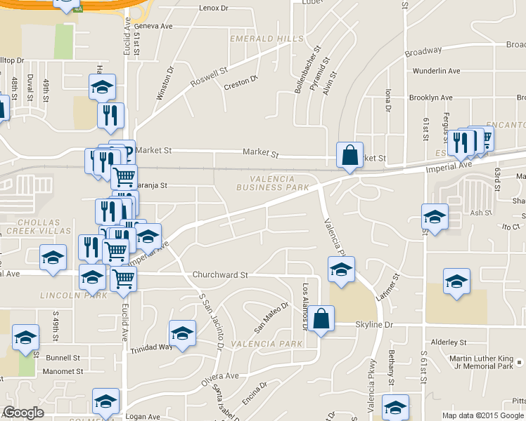 map of restaurants, bars, coffee shops, grocery stores, and more near 5495 Imperial Avenue in San Diego