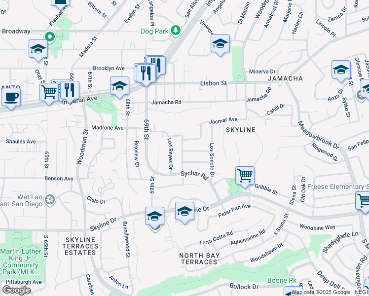 map of restaurants, bars, coffee shops, grocery stores, and more near 7004 La Sena Avenue in San Diego