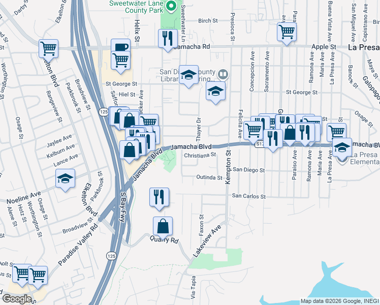 map of restaurants, bars, coffee shops, grocery stores, and more near 9020 Christiana Street in Spring Valley