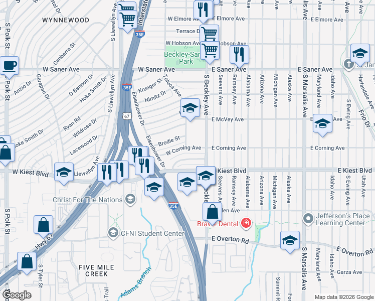 map of restaurants, bars, coffee shops, grocery stores, and more near 202 West Corning Avenue in Dallas