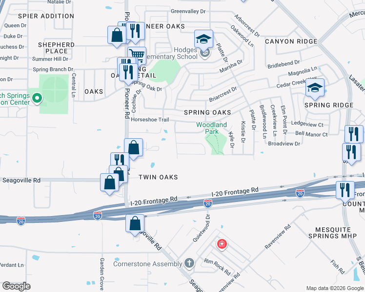 map of restaurants, bars, coffee shops, grocery stores, and more near 14202 Carla Drive in Balch Springs