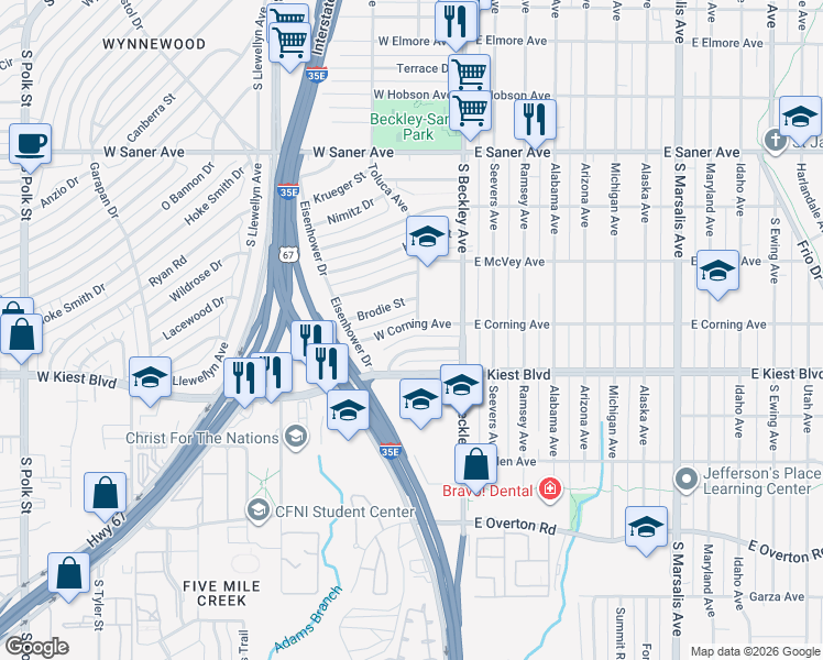 map of restaurants, bars, coffee shops, grocery stores, and more near 202 West Corning Avenue in Dallas